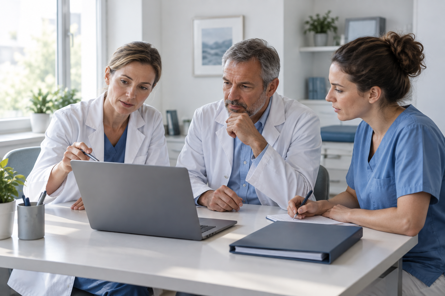 Fiktives ärztliches Team mit einer medizinischen Assistenz bei der gemeinsamen Arbeit am Laptop.
