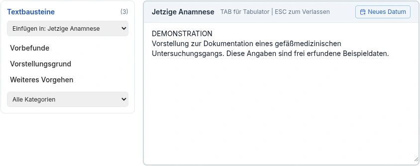 Auswahl eigener Textbausteine neben dem Anamnesefeld in der echten DOLEKAS-Oberfläche.