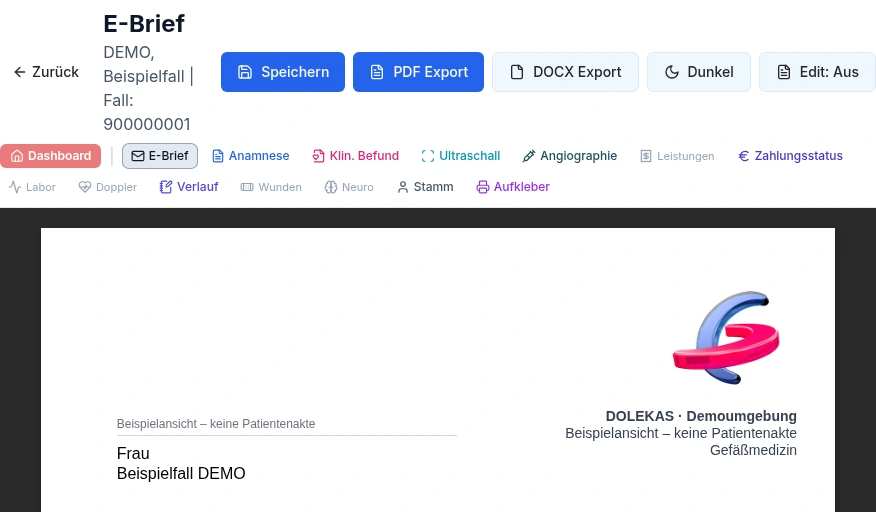 Echter DOLEKAS-Arztbrief mit Beispieldaten und den Schaltflächen für PDF- und Word-Export.